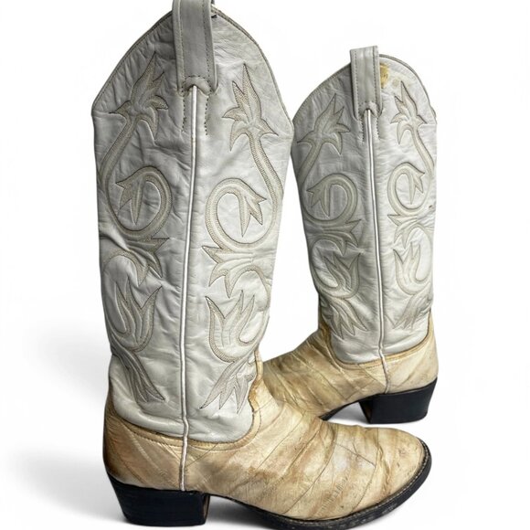 Larry Mahan Leather Ivory Western Biker Cowboy Boots Men's 8.5 D Vintage - Picture 1 of 13
